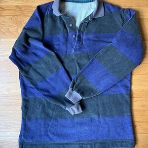 Vintage Retro Men's Blue and Gray Striped Rugby Shirt